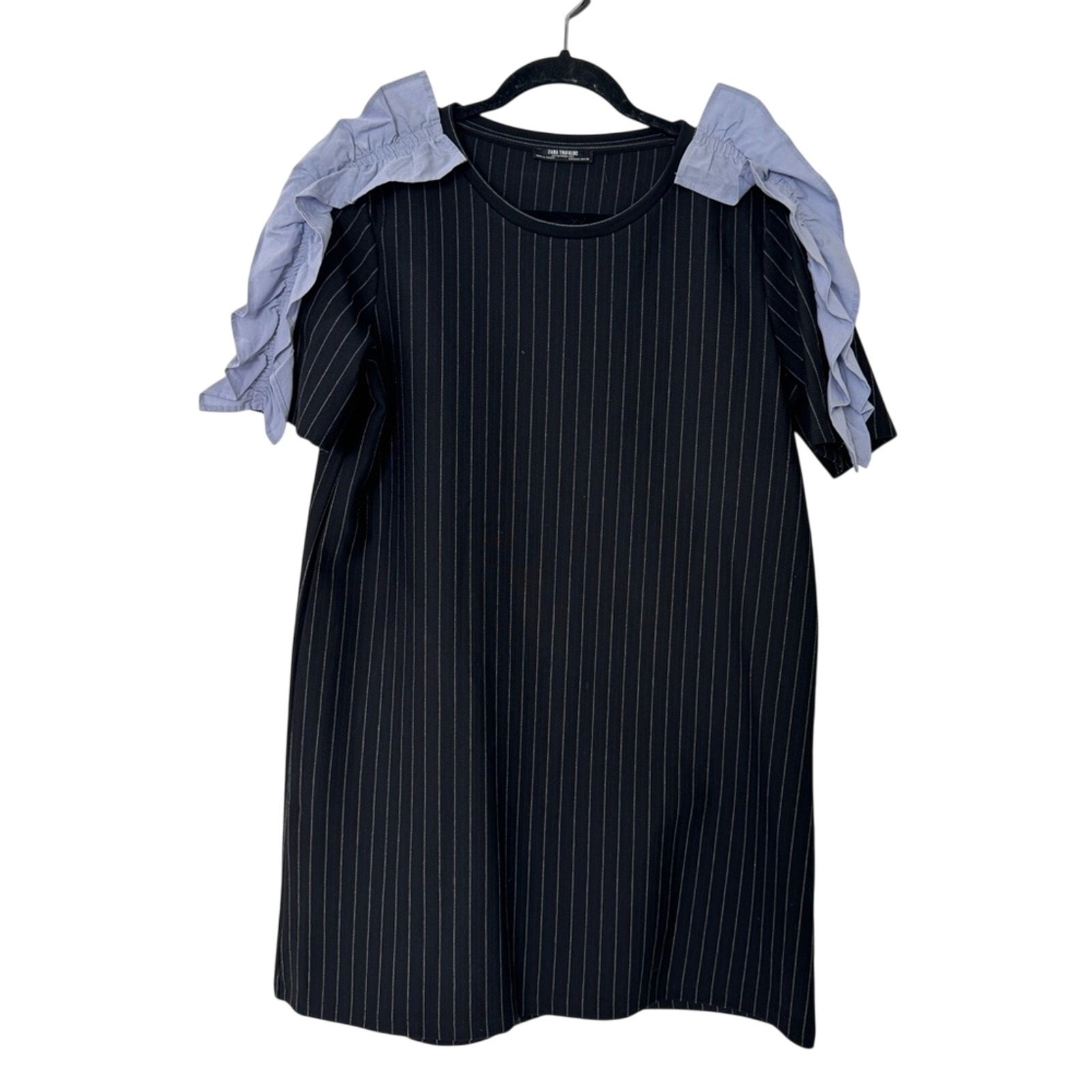 Zara Trafaluc Pinstripe Chambray Ruffle Sleeve Dress Tunic Sz L Preppy Academia